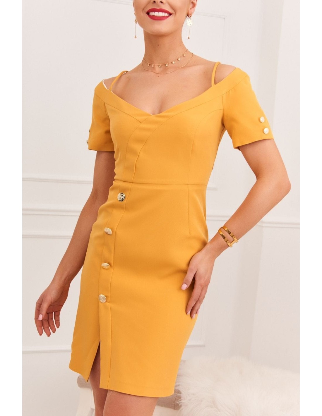 Elegantes Kleid mit Carmen-Ausschnitt, Senf 0484 - Online-Shop - Boutique